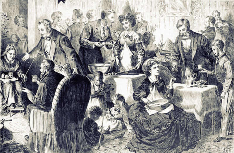 Black and white illustration of many people at Christmas dinner.