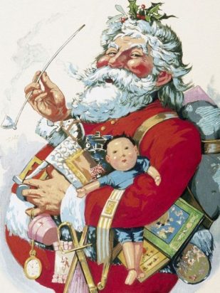Illustration of Santa Claus in red suit with white hair, holding a long pipe and toys.