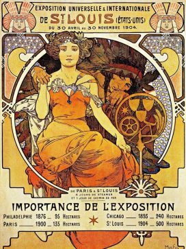 This World's Fair poster from Czech painter Alphonse Mucha depicts a woman holding hands with a Native American.